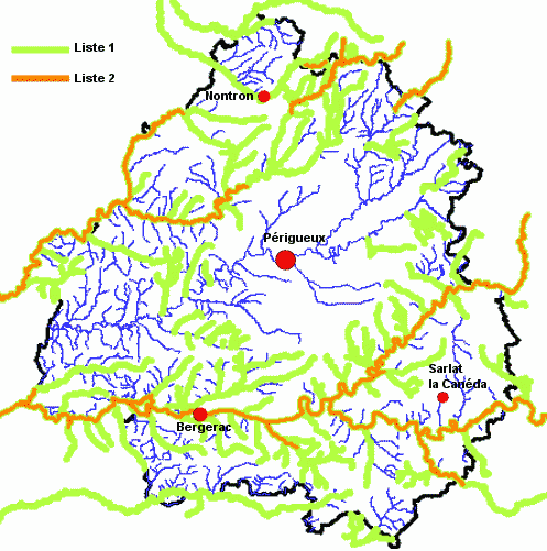 Carte des classements des cours d'eau de la Dordogne